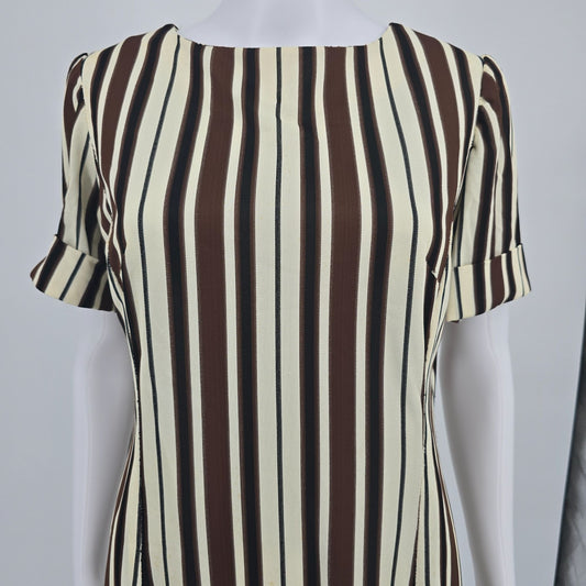 Vintage 1970s Brown/Cream/Black Mod Op Art Vertical Striped Shift Dress (M)