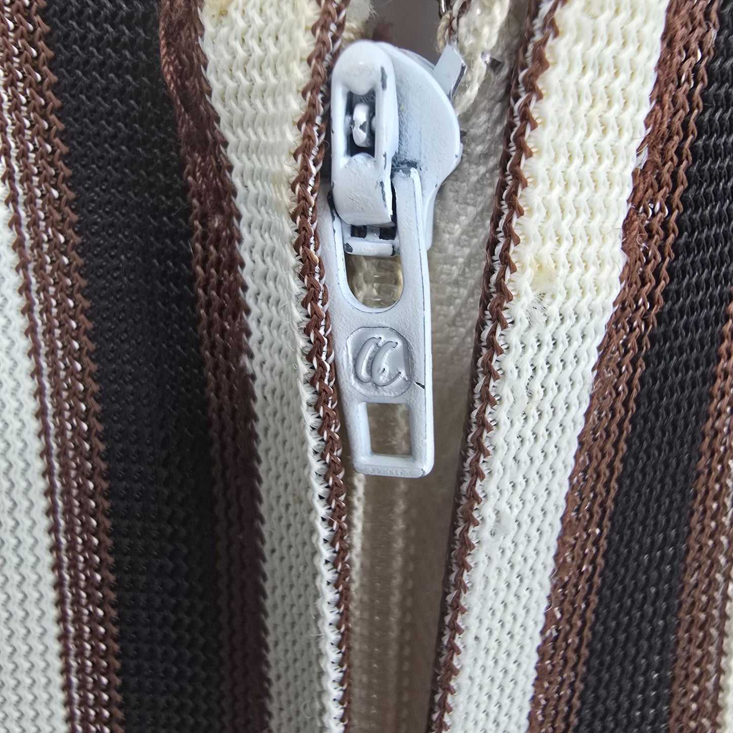 Vintage 1970s Brown/Cream/Black Mod Op Art Vertical Striped Shift Dress (M)