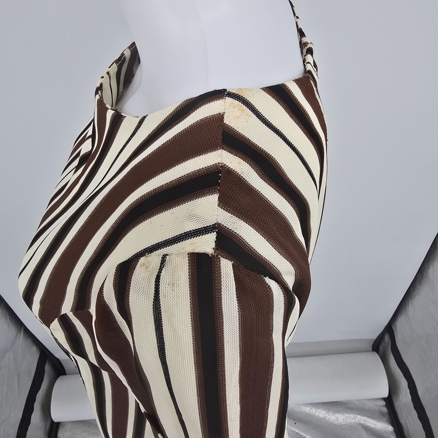 Vintage 1970s Brown/Cream/Black Mod Op Art Vertical Striped Shift Dress (M)