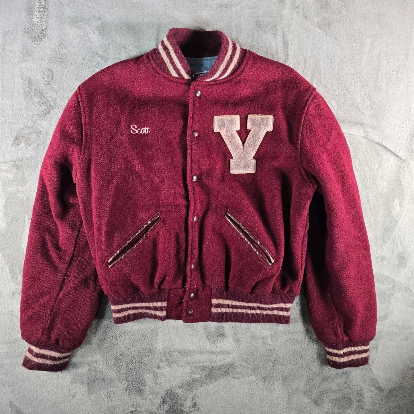 Vintage 1980s Champion Maroon Valley View "Scott" Letterman Varsity Jacket (L)