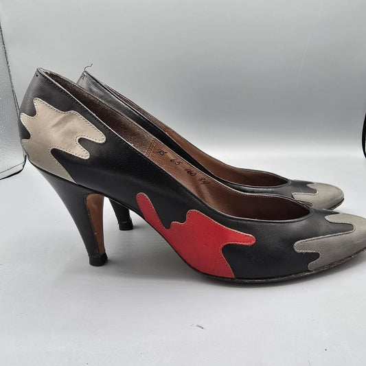 Vintage 1980s Bill Valentine Drip-Appliqué Black/Red/Gray Leather Pumps (7.5B)