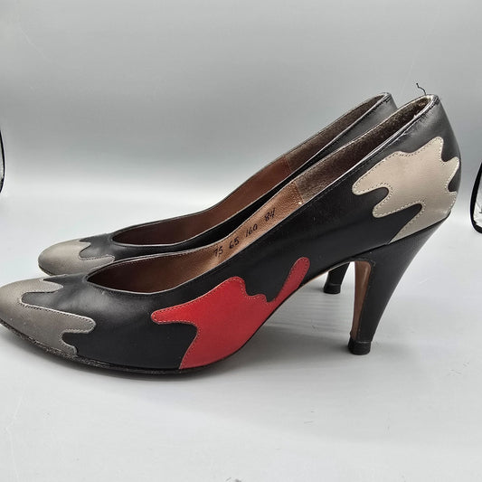 Vintage 1980s Bill Valentine Drip-Appliqué Black/Red/Gray Leather Pumps (7.5B)