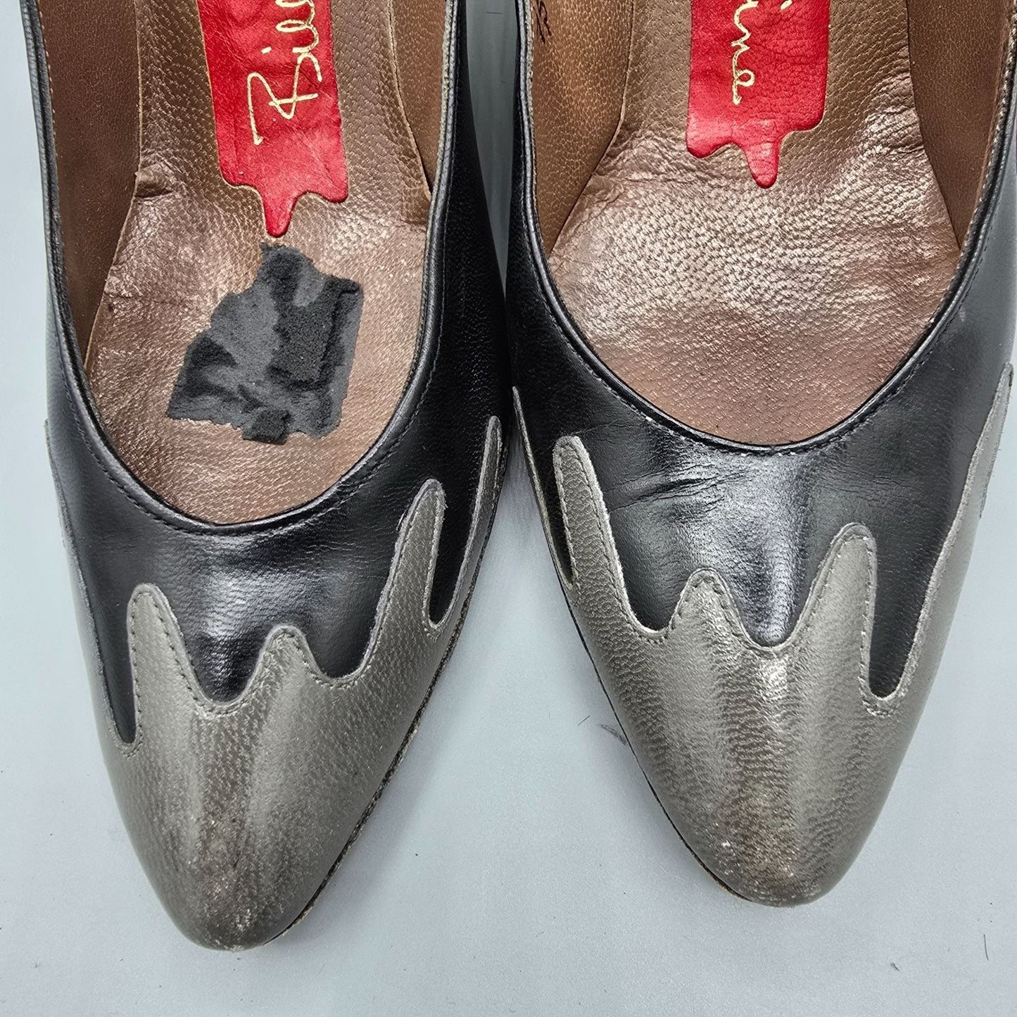 Vintage 1980s Bill Valentine Drip-Appliqué Black/Red/Gray Leather Pumps (7.5B)