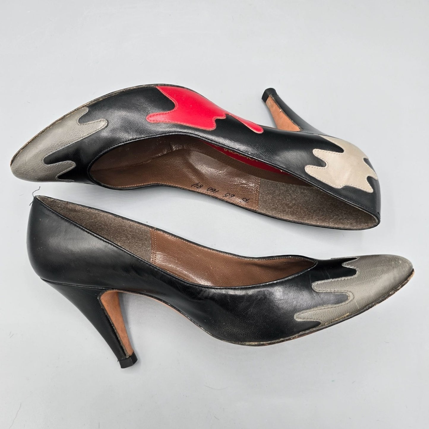 Vintage 1980s Bill Valentine Drip-Appliqué Black/Red/Gray Leather Pumps (7.5B)