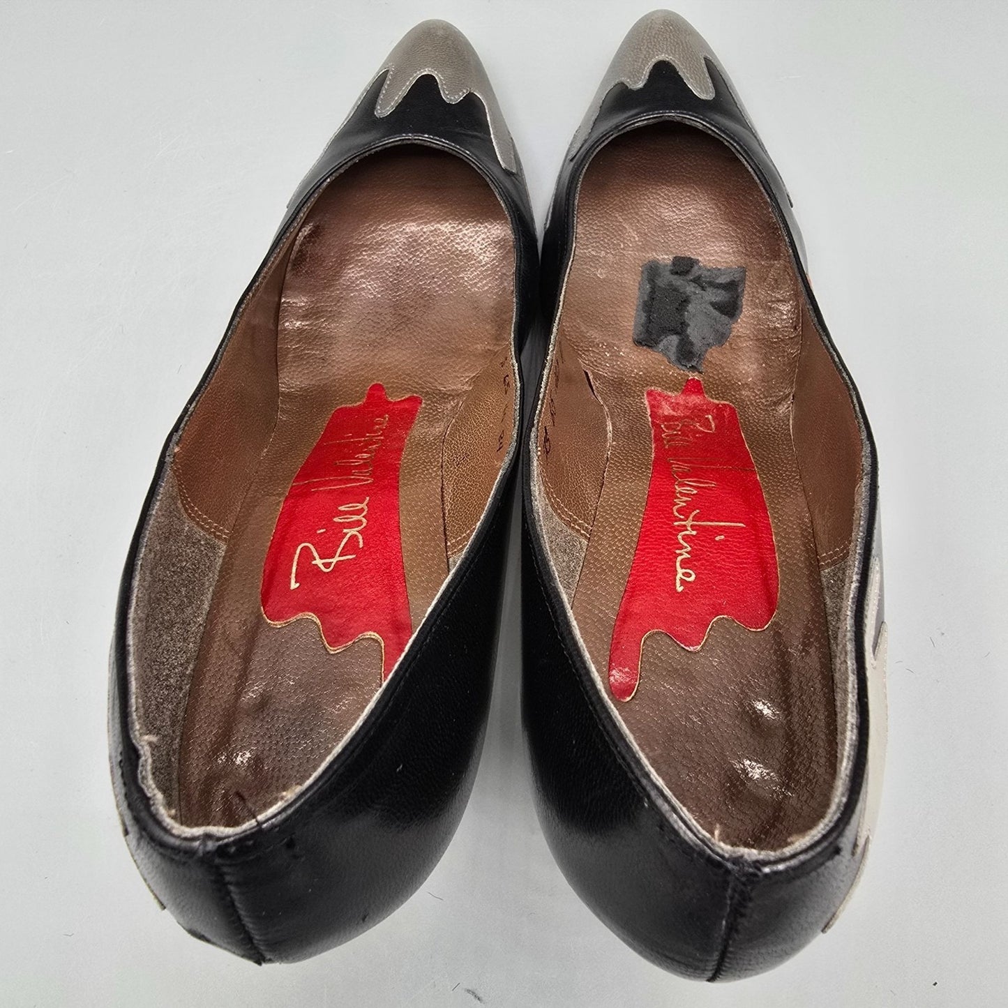 Vintage 1980s Bill Valentine Drip-Appliqué Black/Red/Gray Leather Pumps (7.5B)