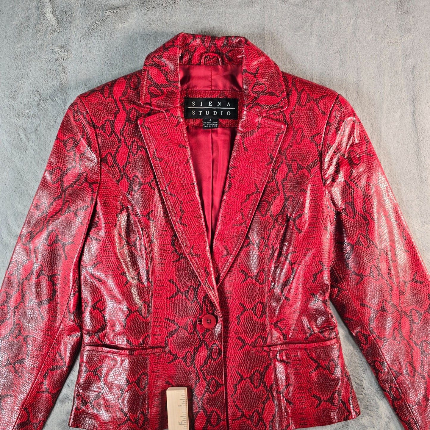 Vintage Y2K Sienna Studio Women's Red Embossed Snake Print Leather Jacket (S)