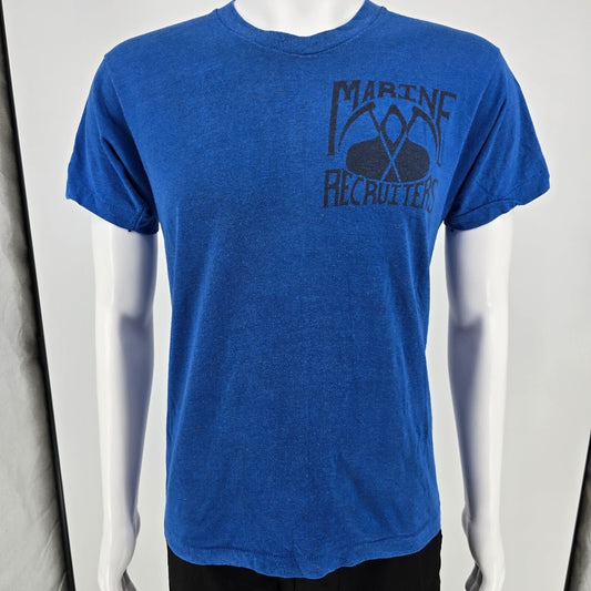 Vintage 1980s Screen Stars USMC Marine Recruiters Single Stitch Blue T-Shirt (M)