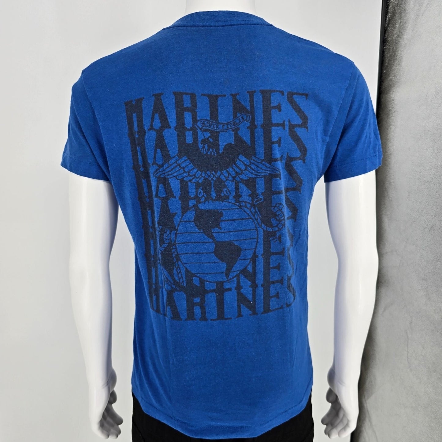 Vintage 1980s Screen Stars USMC Marine Recruiters Single Stitch Blue T-Shirt (M)
