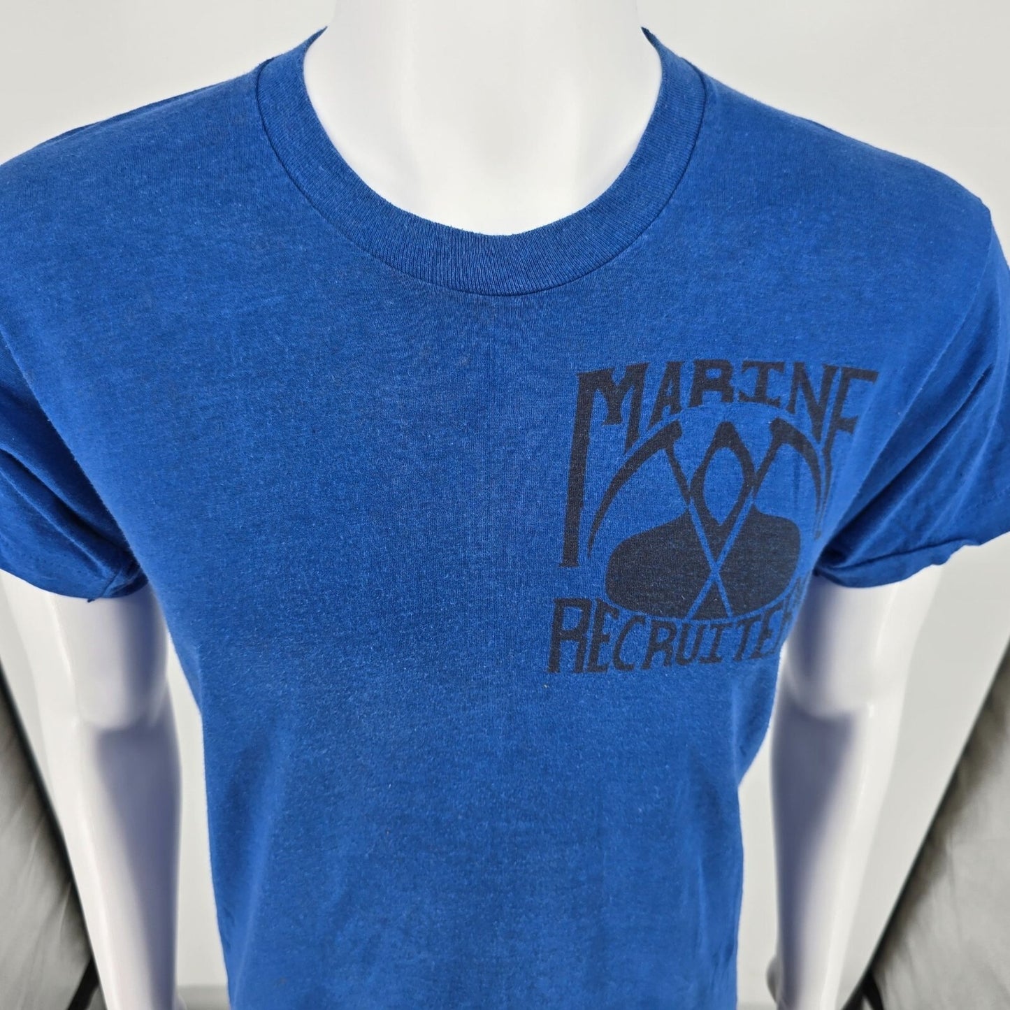 Vintage 1980s Screen Stars USMC Marine Recruiters Single Stitch Blue T-Shirt (M)
