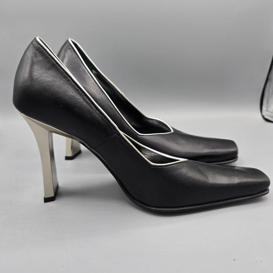 Vintage Y2K Pari & Pari Black Nappa Leather Square-Toe Silver Piping Pumps (7B)