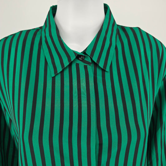 Vintage 1990s Koret Petites Green/Black Stripes Shoulder Pad Blouse (18/XL)
