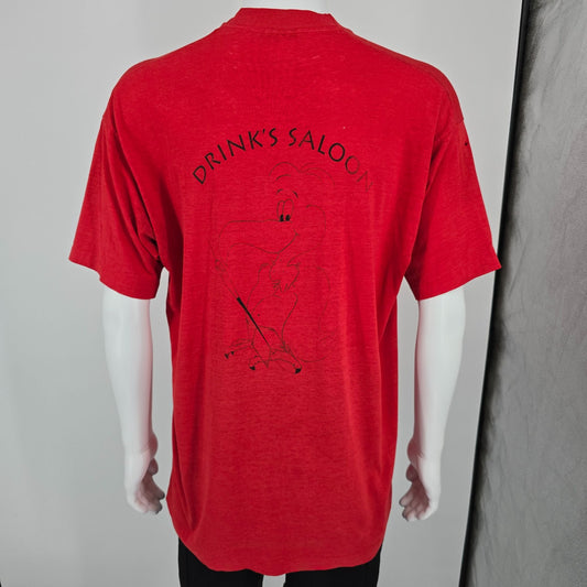 Distressed Vintage 1990s Drink's Saloon Brownstown Township Pocket T-Shirt (XL)