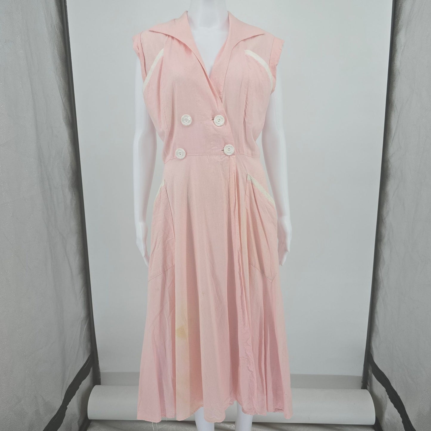 Vintage 1950 Loungees Pink Swiss Dot Double-Breasted Fit & Flare Day Dress (L)
