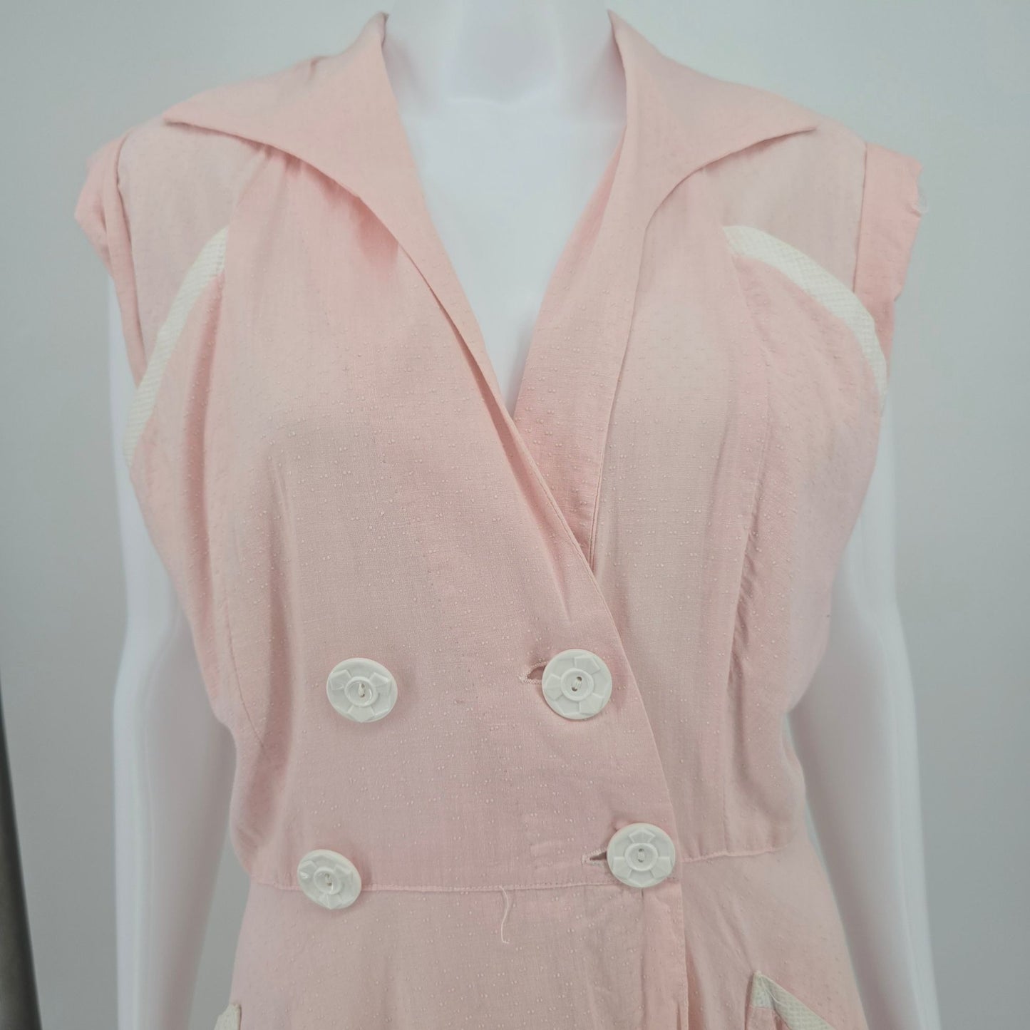 Vintage 1950 Loungees Pink Swiss Dot Double-Breasted Fit & Flare Day Dress (L)