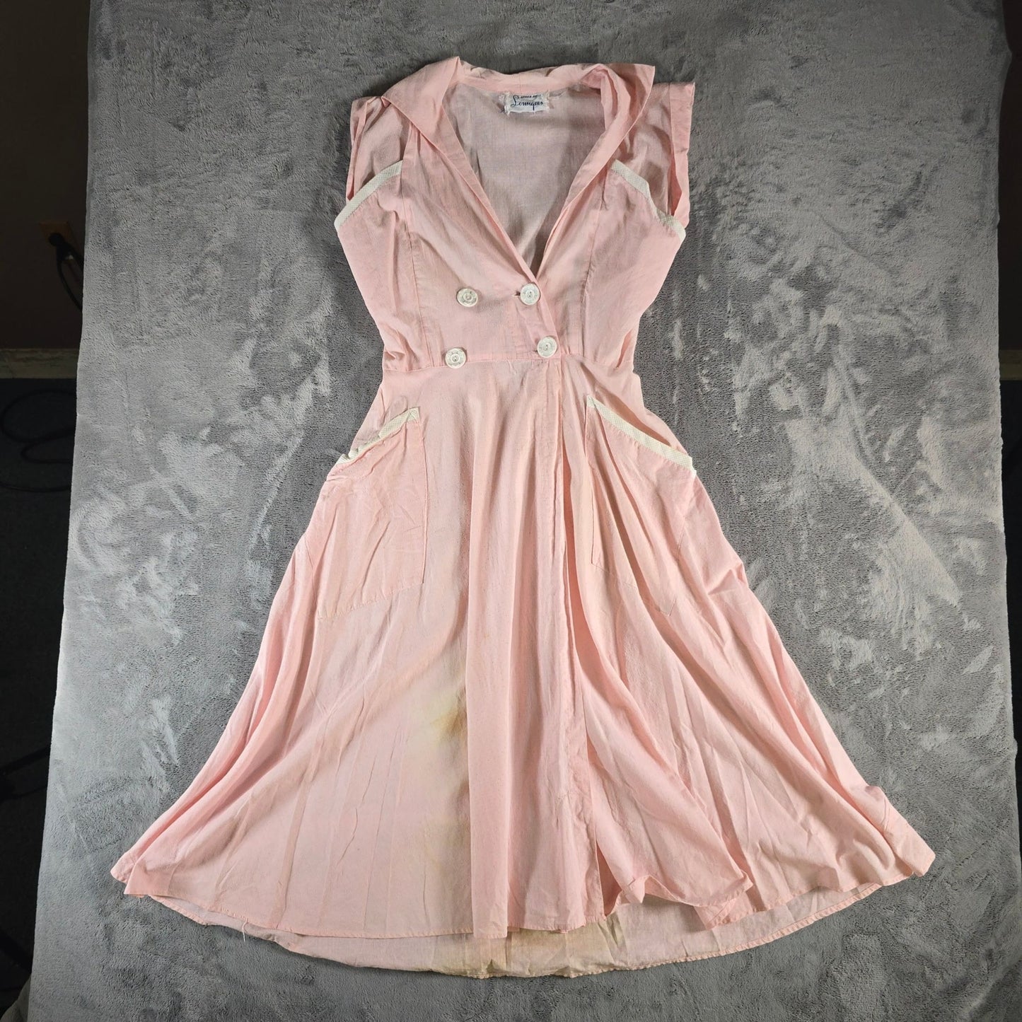 Vintage 1950 Loungees Pink Swiss Dot Double-Breasted Fit & Flare Day Dress (L)