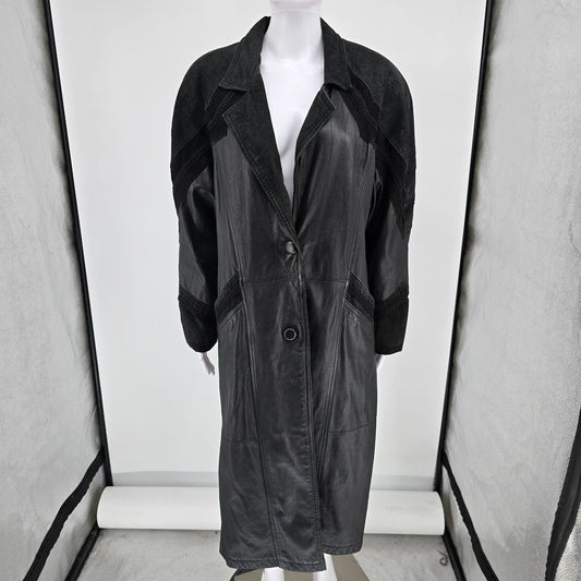 Vintage Late 1980s Maggie Lawrence Women's Paisely Trim Leather Duster Coat (M)