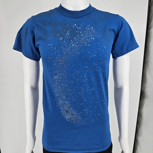 Vintage 1990s Oneita Blue/Silver Galaxy Glitter Print Single Stitch T-Shirt (S)