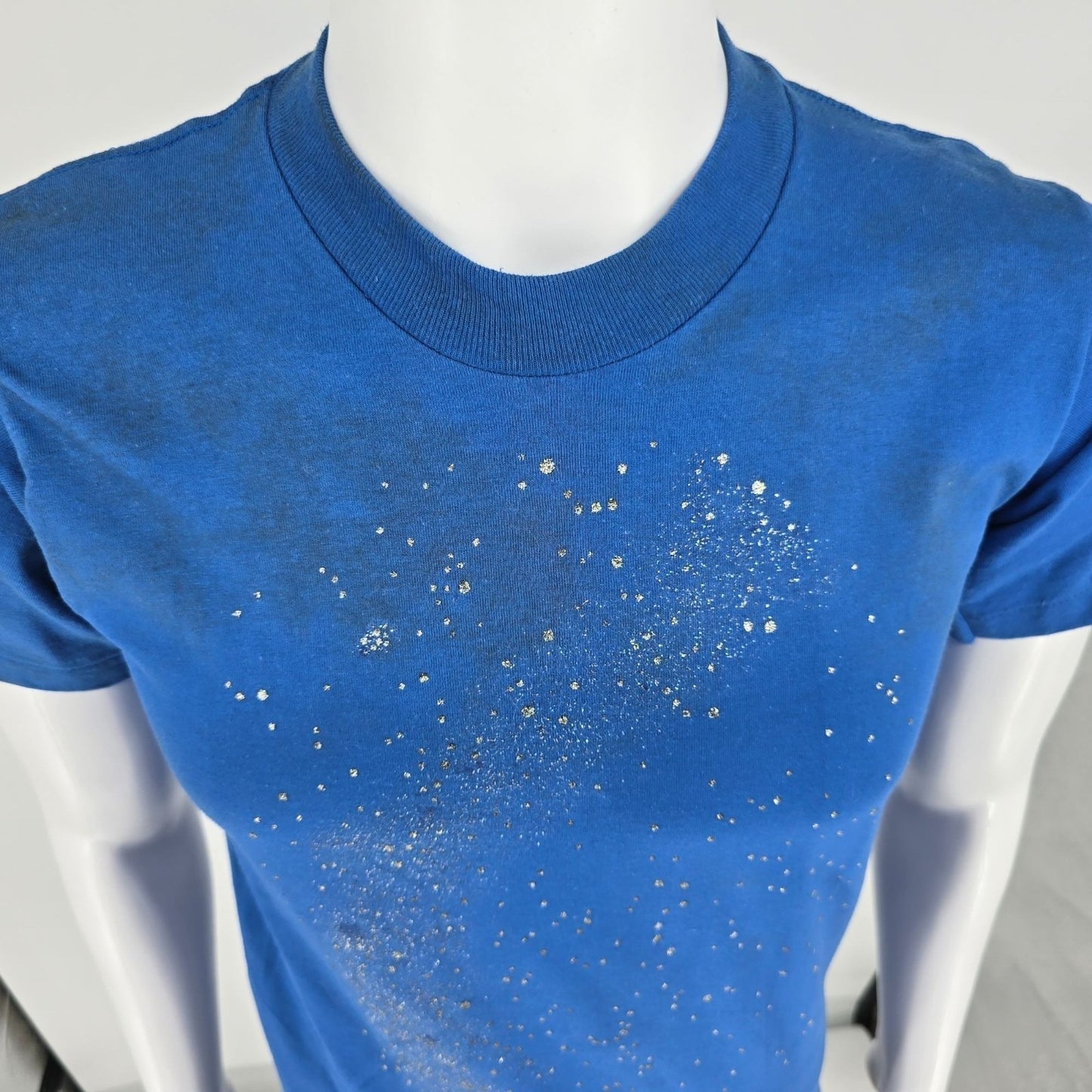 Vintage 1990s Oneita Blue/Silver Galaxy Glitter Print Single Stitch T-Shirt (S)