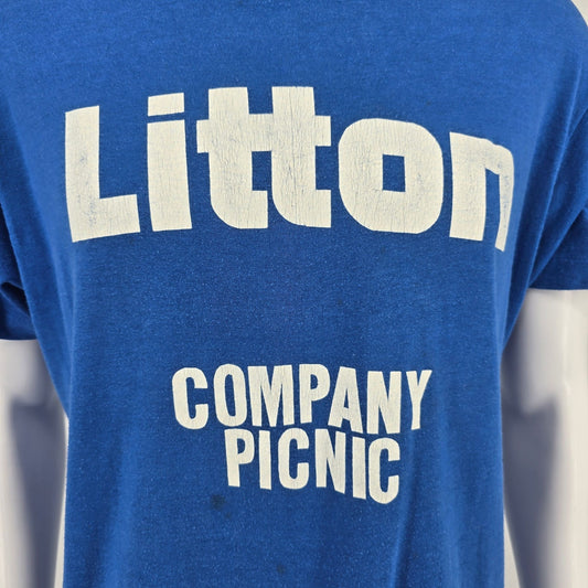 Vintage 1980s Screen Stars Blue Litton Industries Company Picnic T-Shirt (L)