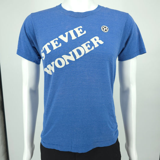 Vintage 1970s DIY "Stevie Wonder" Flocked Letter Soccer Ball Patch T-Shirt (S)