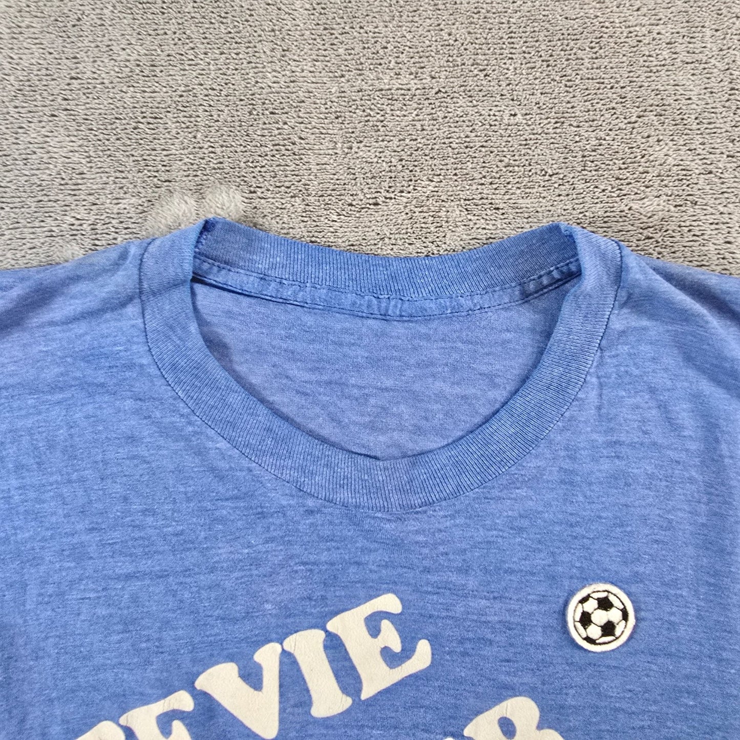Vintage 1970s DIY "Stevie Wonder" Flocked Letter Soccer Ball Patch T-Shirt (S)