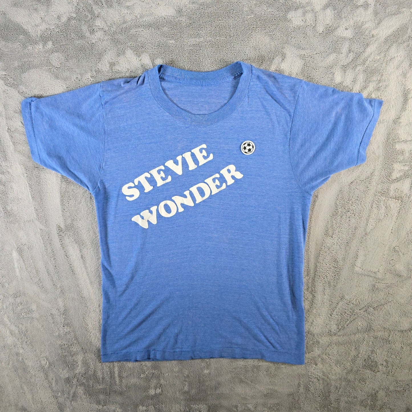 Vintage 1970s DIY "Stevie Wonder" Flocked Letter Soccer Ball Patch T-Shirt (S)