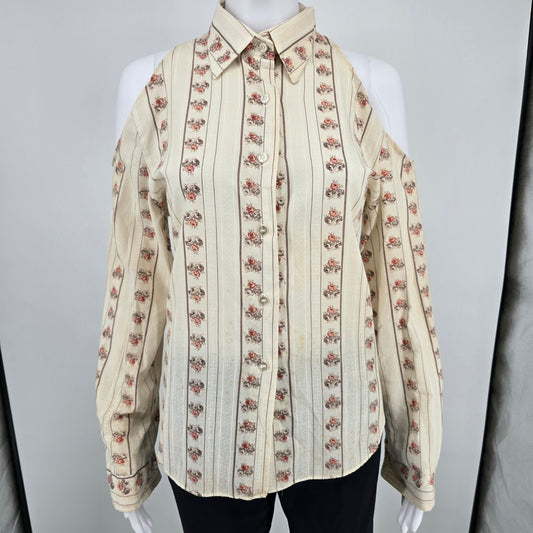 Vintage 1970s Shirt Accent Floral Rose Stripe Pattern Cold Shoulder Blouse (M)