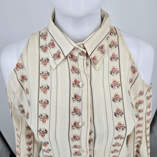 Vintage 1970s Shirt Accent Floral Rose Stripe Pattern Cold Shoulder Blouse (M)
