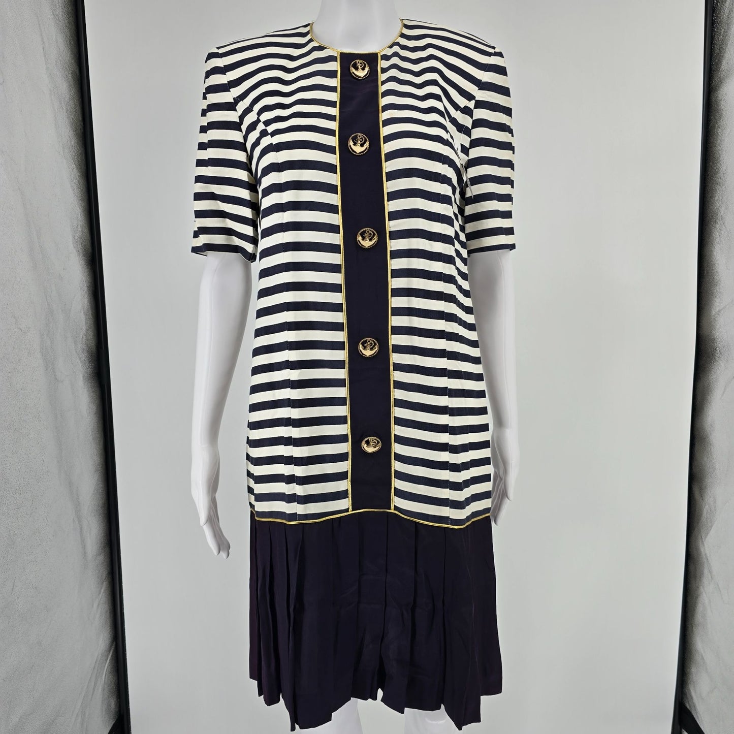 Vintage 1980s Petite Sophisticate Nautical Stripe Anchor Button Dress (Small)