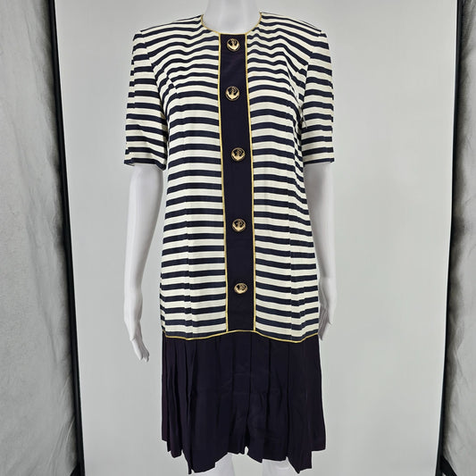 Vintage 1980s Petite Sophisticate Nautical Stripe Anchor Button Dress (Small)
