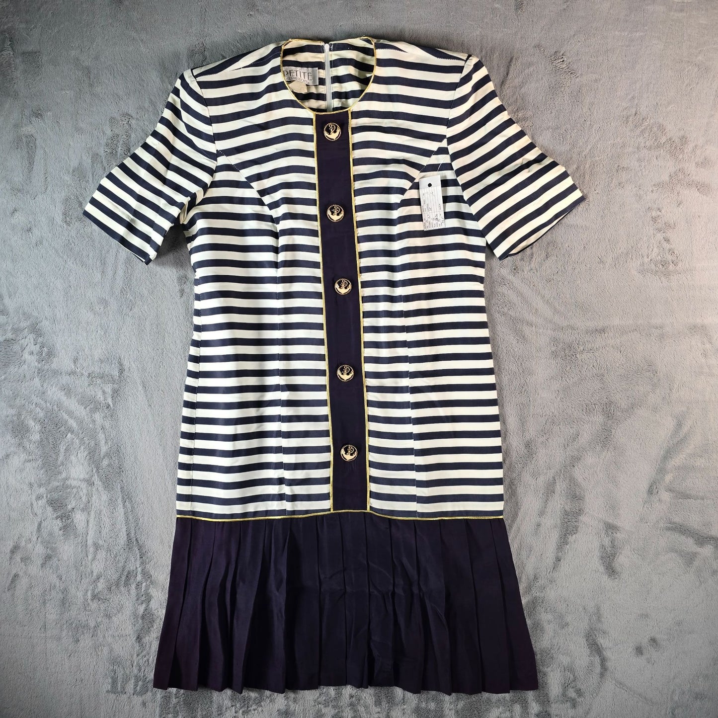 Vintage 1980s Petite Sophisticate Nautical Stripe Anchor Button Dress (Small)