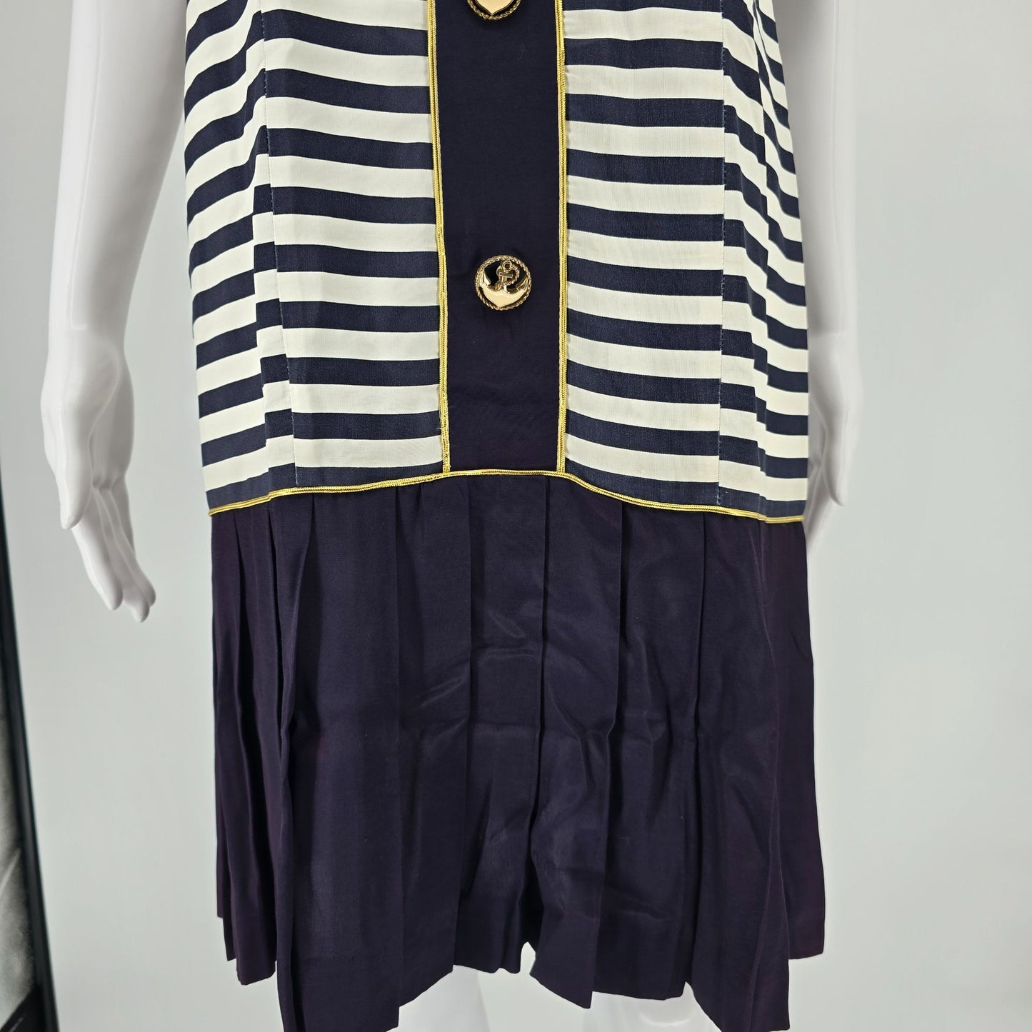 Vintage 1980s Petite Sophisticate Nautical Stripe Anchor Button Dress (Small)