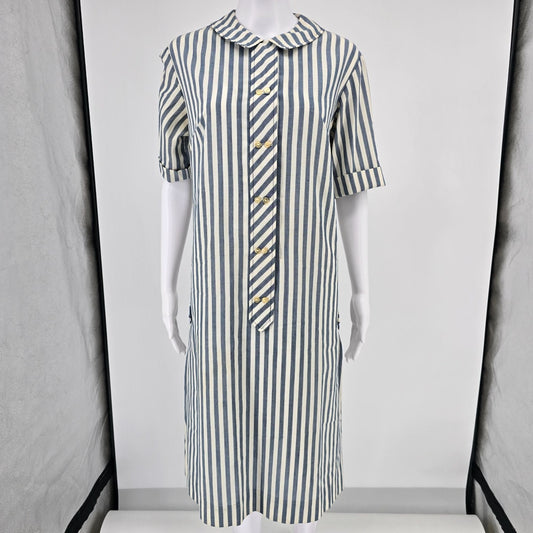 Vintage 1960s Unbranded Blue & White Striped Peter Pan Collar Shirt Dress (L)