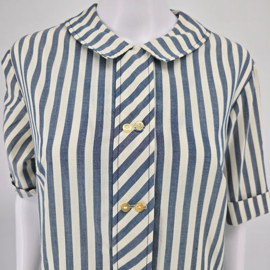 Vintage 1960s Unbranded Blue & White Striped Peter Pan Collar Shirt Dress (L)