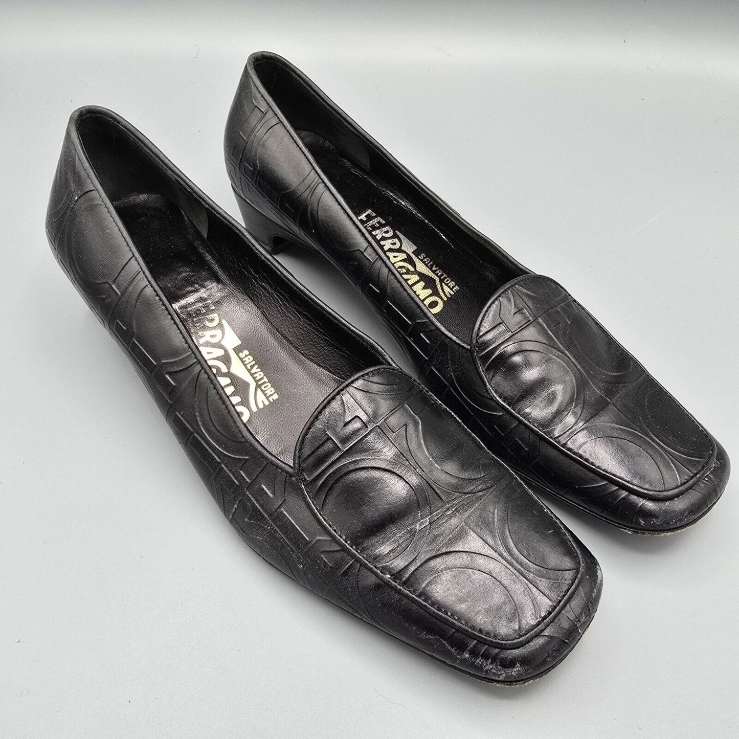 Vintage Salvatore Ferragamo Embossed Gancini Pattern Black Leather Loafers (6B)
