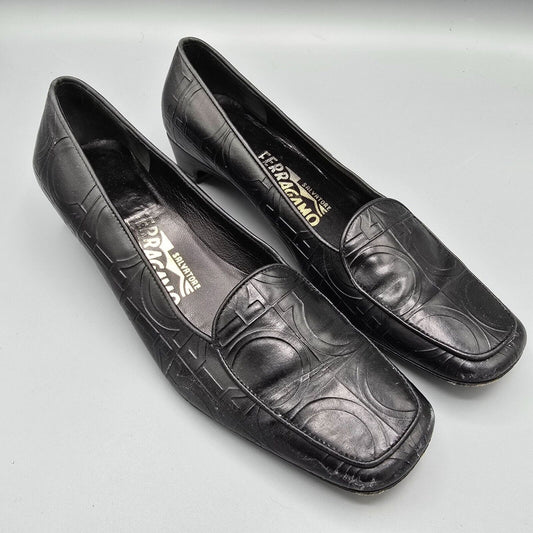 Vintage Salvatore Ferragamo Embossed Gancini Pattern Black Leather Loafers (6B)