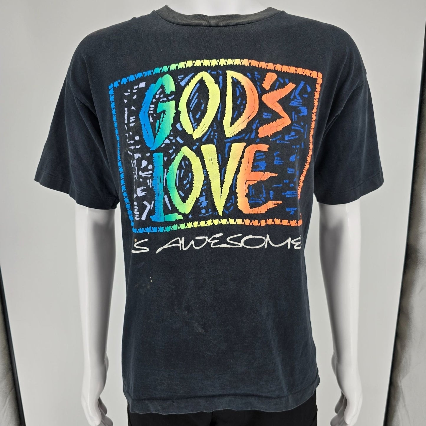 Vintage 1990's "God's Love is Awesome" Rainbow Puff Print Black T-Shirt (L/XL)