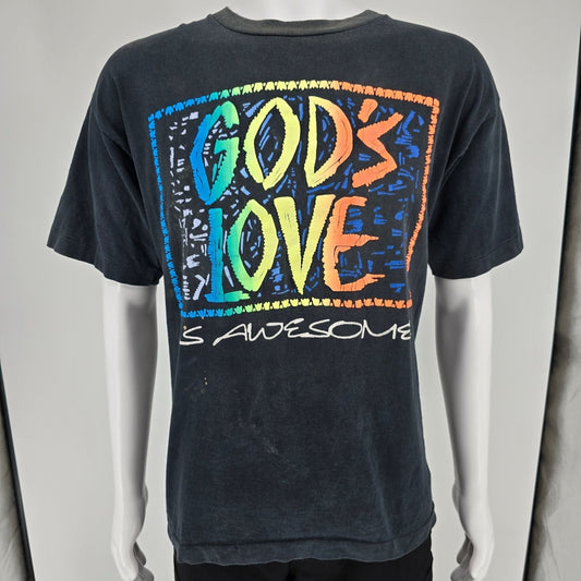 Vintage 1990's "God's Love is Awesome" Rainbow Puff Print Black T-Shirt (L/XL)