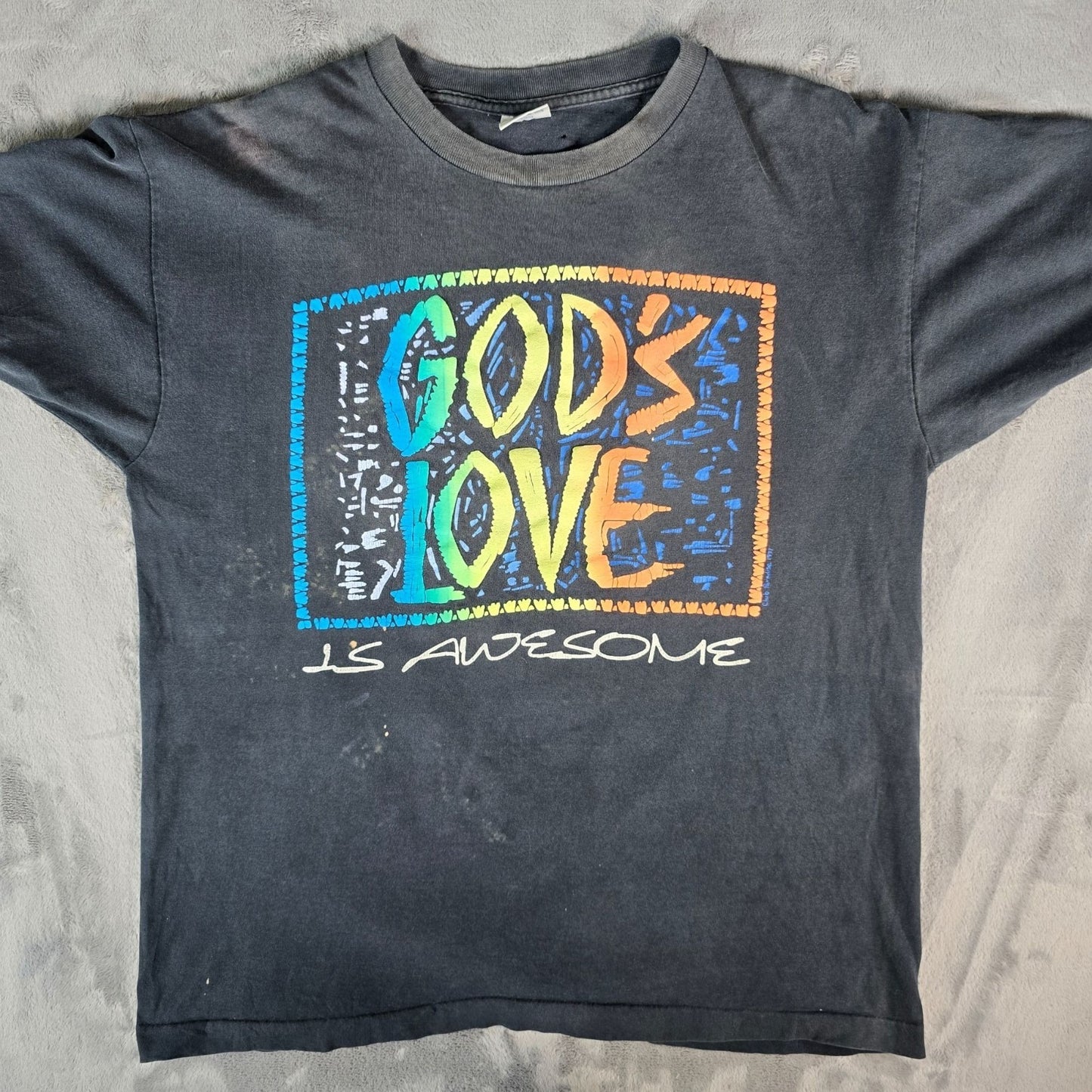 Vintage 1990's "God's Love is Awesome" Rainbow Puff Print Black T-Shirt (L/XL)