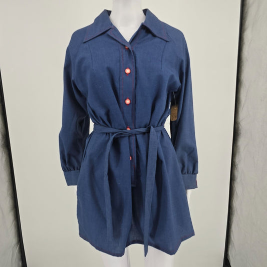 Vintage 1970s Helen Hensley Blue Chambray Popover Tunic Mini Shirt Dress (12/L)