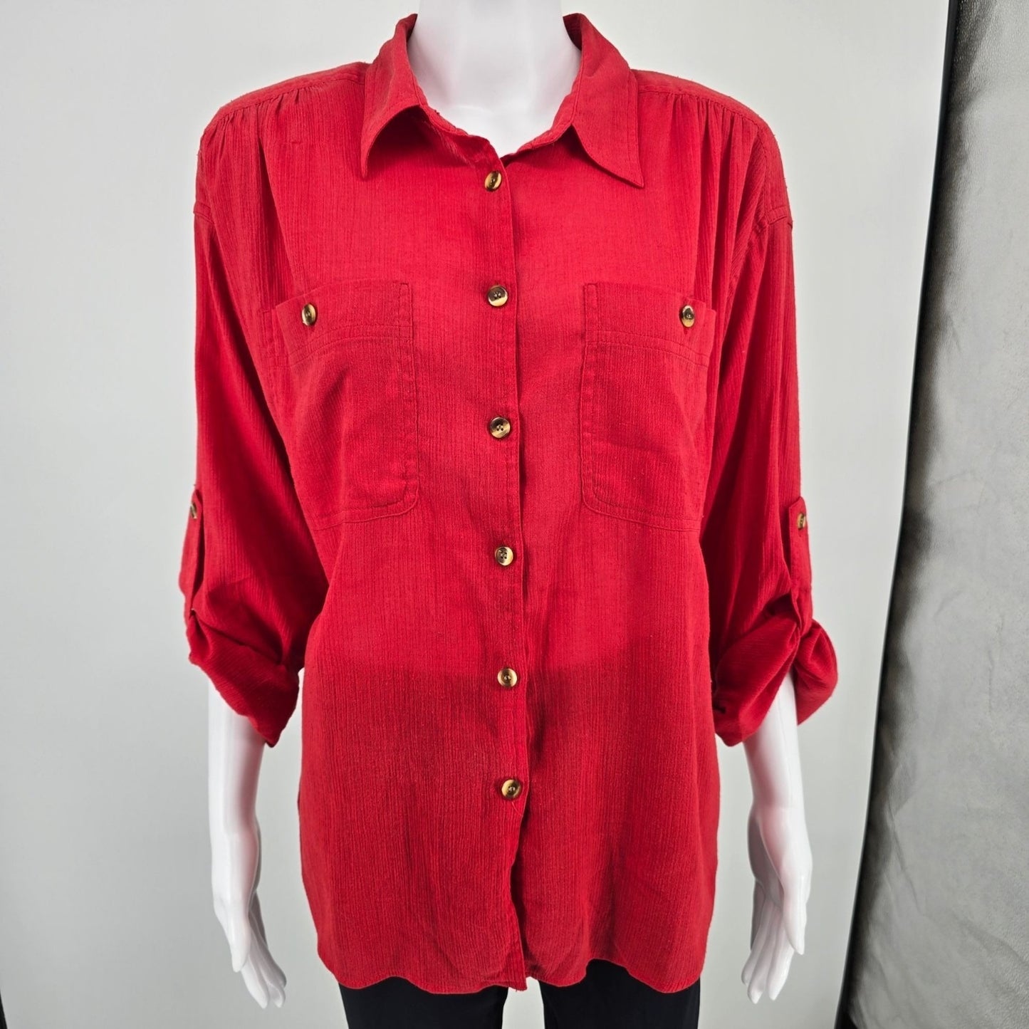 Vintage 1980s Joan Harper Red Collared Button Front Shoulder Padded Blouse (XL)