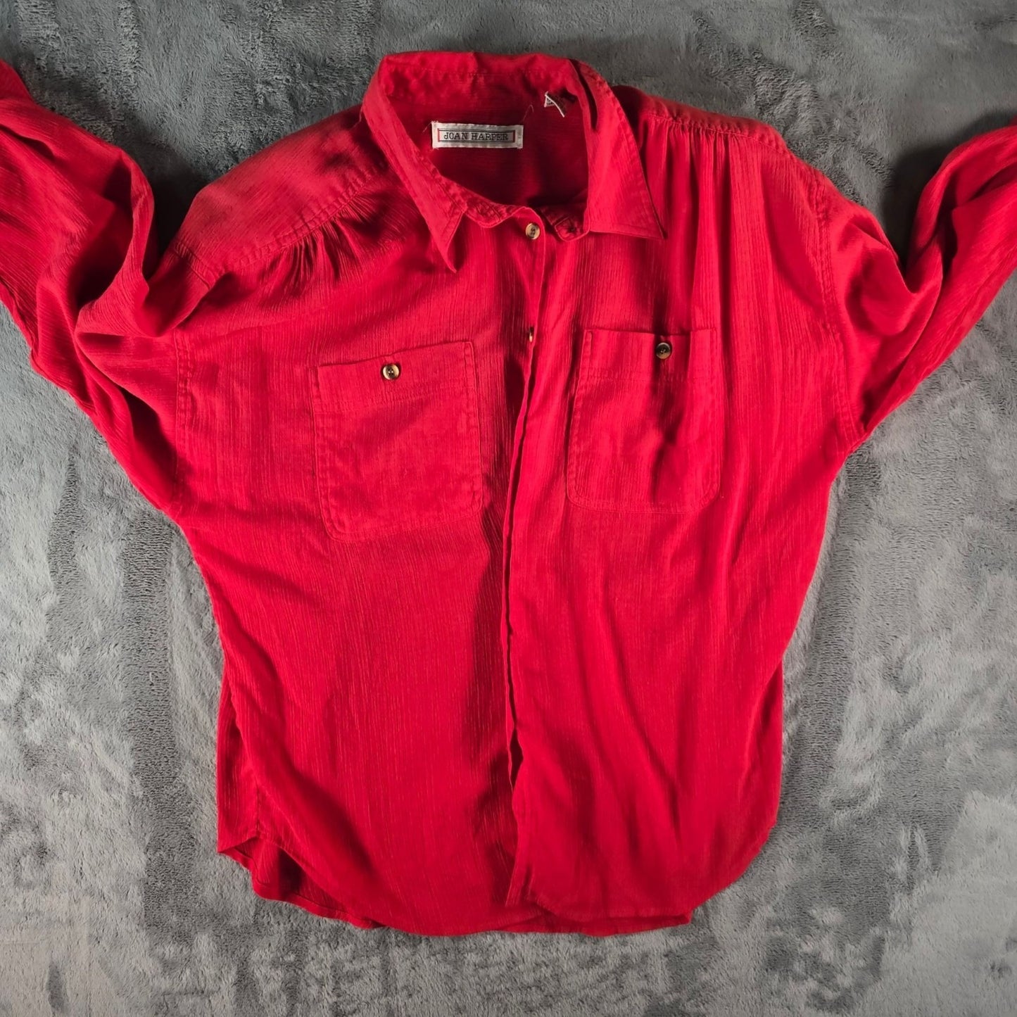 Vintage 1980s Joan Harper Red Collared Button Front Shoulder Padded Blouse (XL)