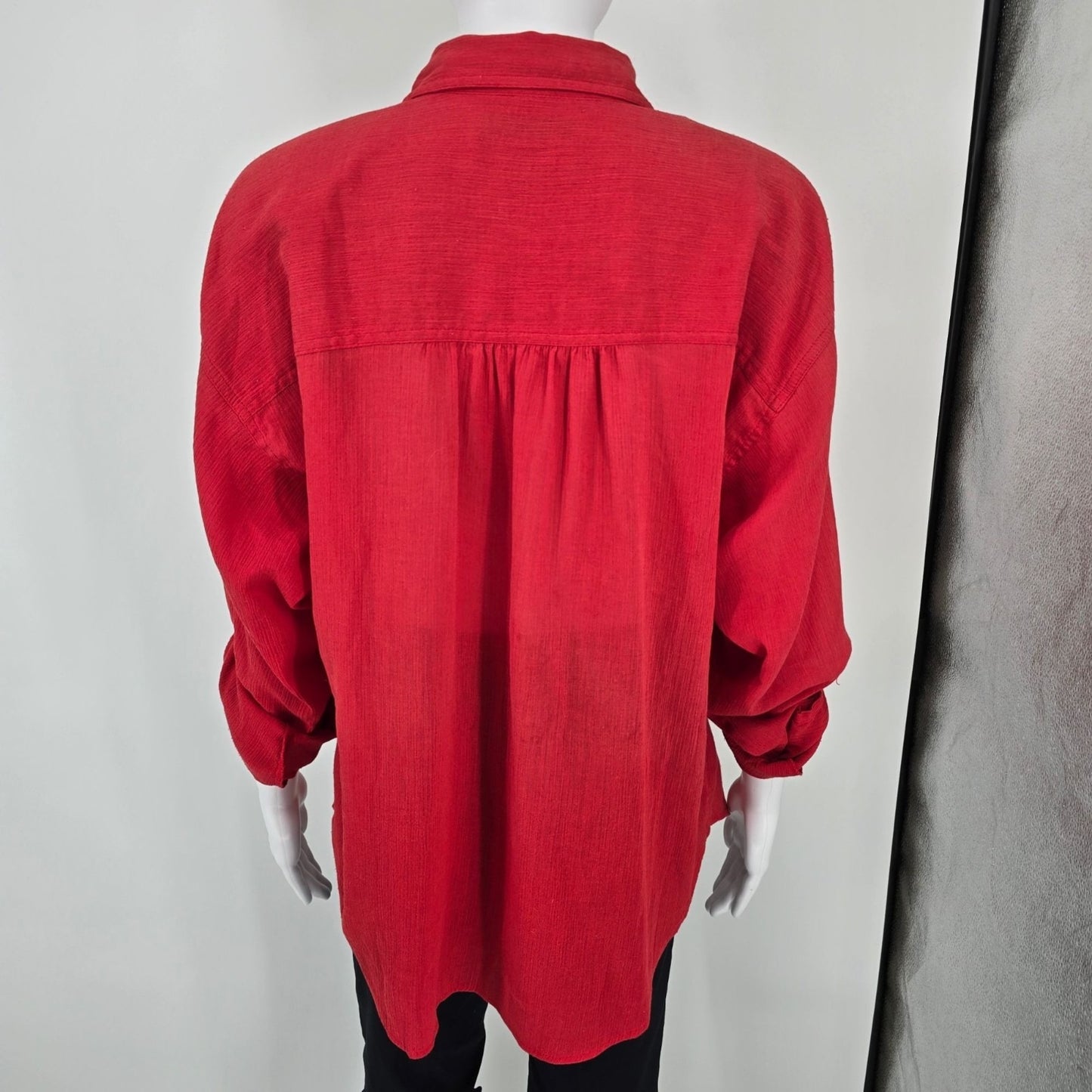 Vintage 1980s Joan Harper Red Collared Button Front Shoulder Padded Blouse (XL)
