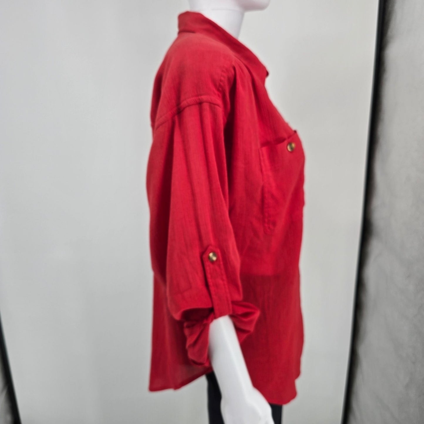 Vintage 1980s Joan Harper Red Collared Button Front Shoulder Padded Blouse (XL)