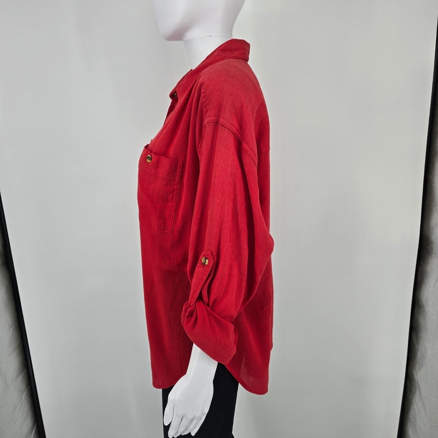 Vintage 1980s Joan Harper Red Collared Button Front Shoulder Padded Blouse (XL)