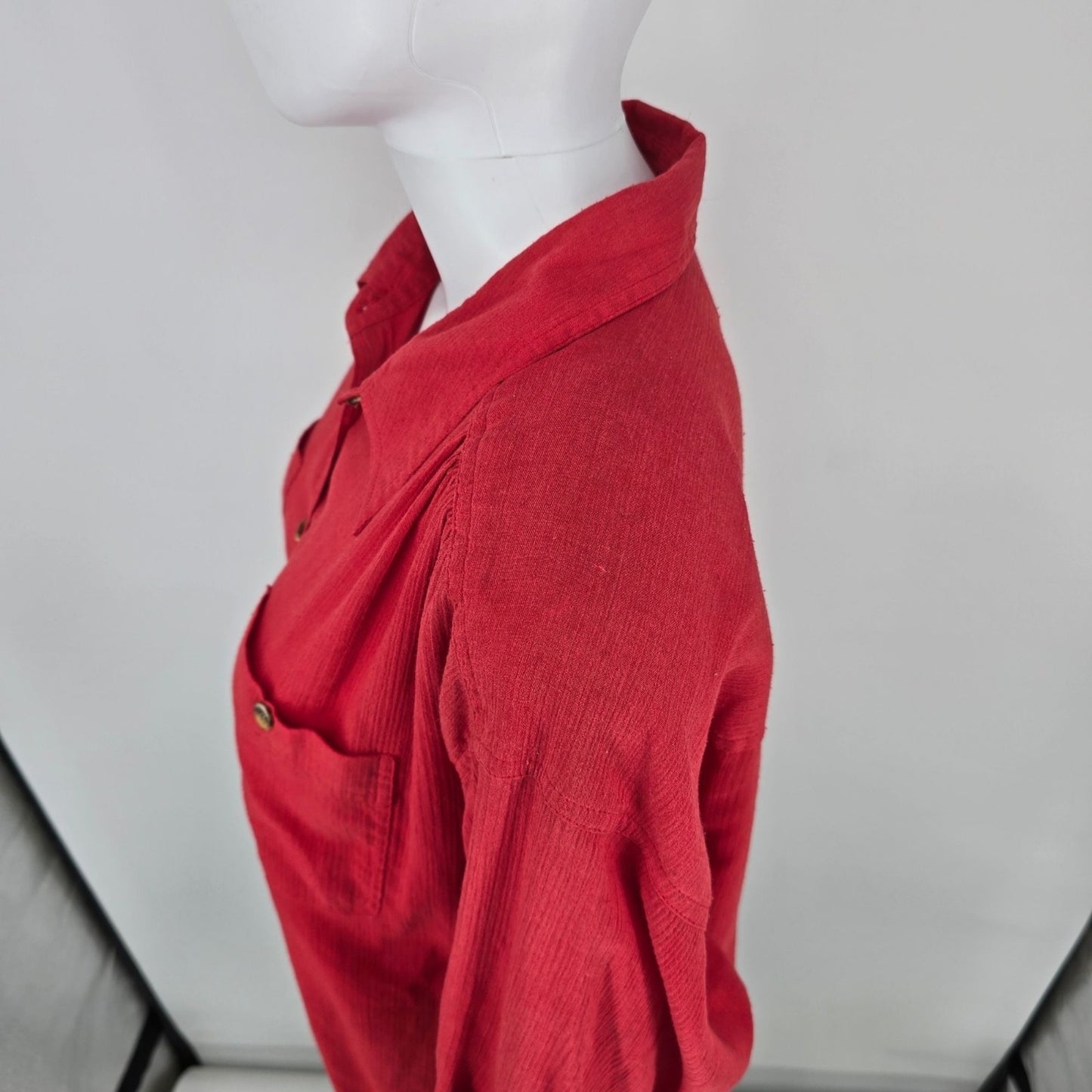 Vintage 1980s Joan Harper Red Collared Button Front Shoulder Padded Blouse (XL)