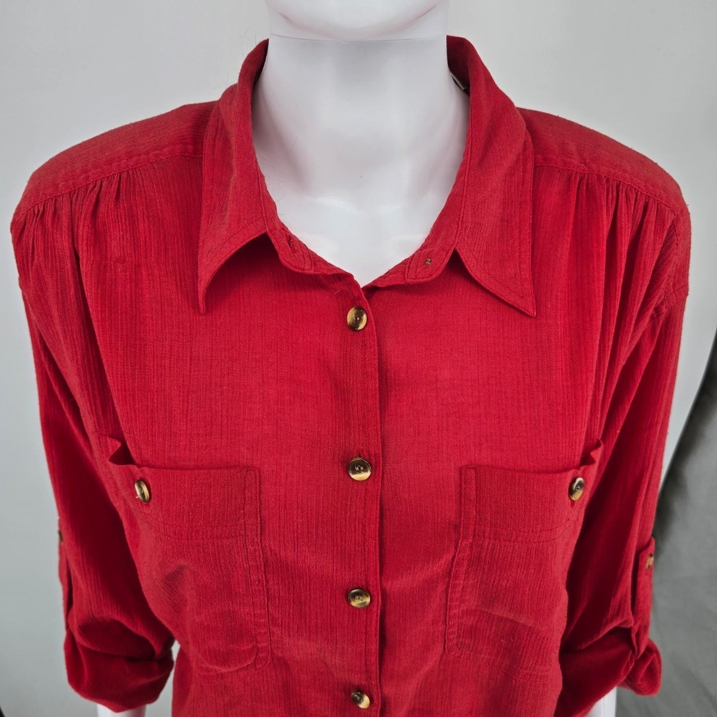 Vintage 1980s Joan Harper Red Collared Button Front Shoulder Padded Blouse (XL)