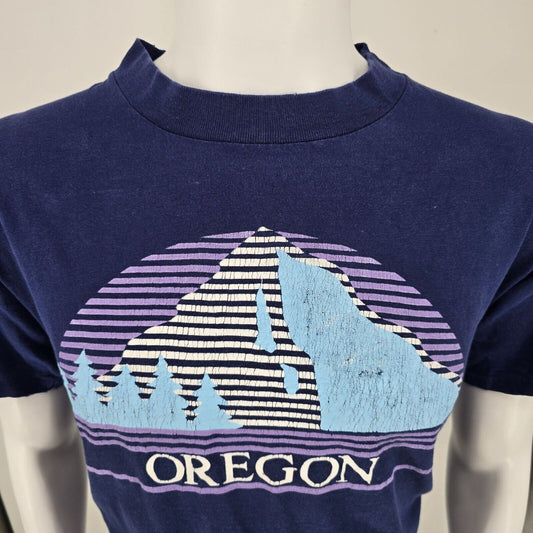Vintage Thrashed Single Stitch Oregon Mountain Landscape Blue Graphic T-Shirt- M