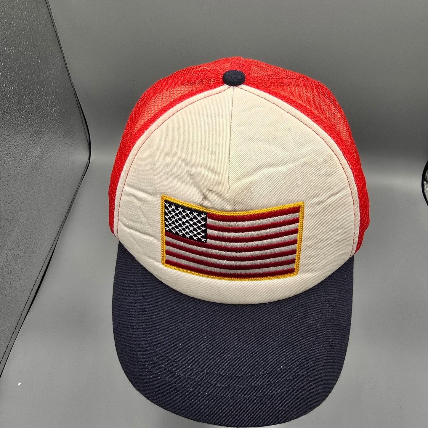 Distressed Red White & Blue Embroidered American Flag Infinity Trucker Hat