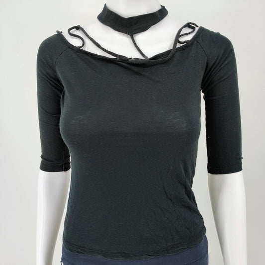 Ambiance Womens Black Cutout Neck Cotton & Modal Blend Top (Size Small)